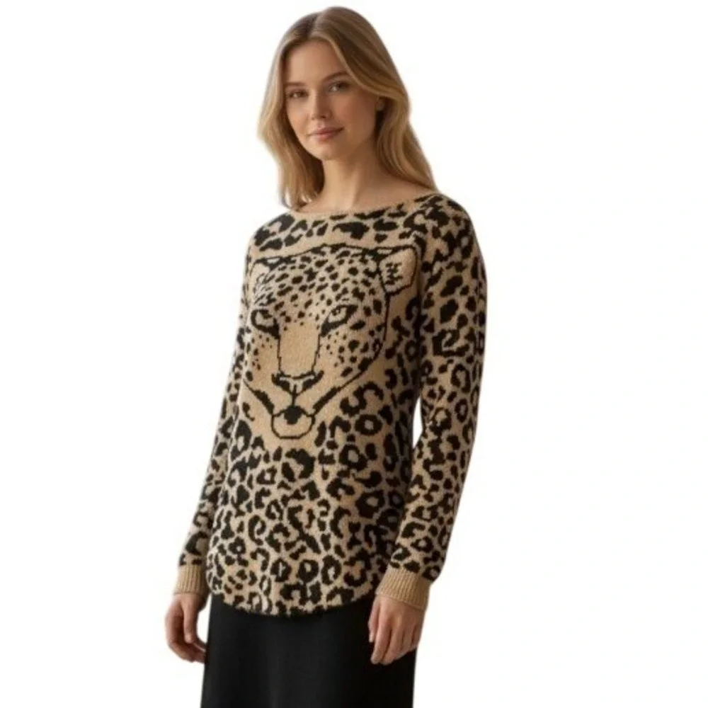 Cotton Emporium Women's Sweater Leopard Print Cheetah Knit Tan Black Small